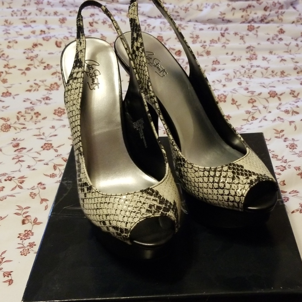 City Streets Snake Skin sling back peep toes